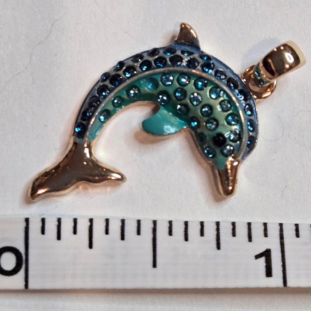 Gold Tone Blue Teal Enamel Rhinestone Dolphin Pendant Necklace 18 Inch Ocean - Picture 3 of 6